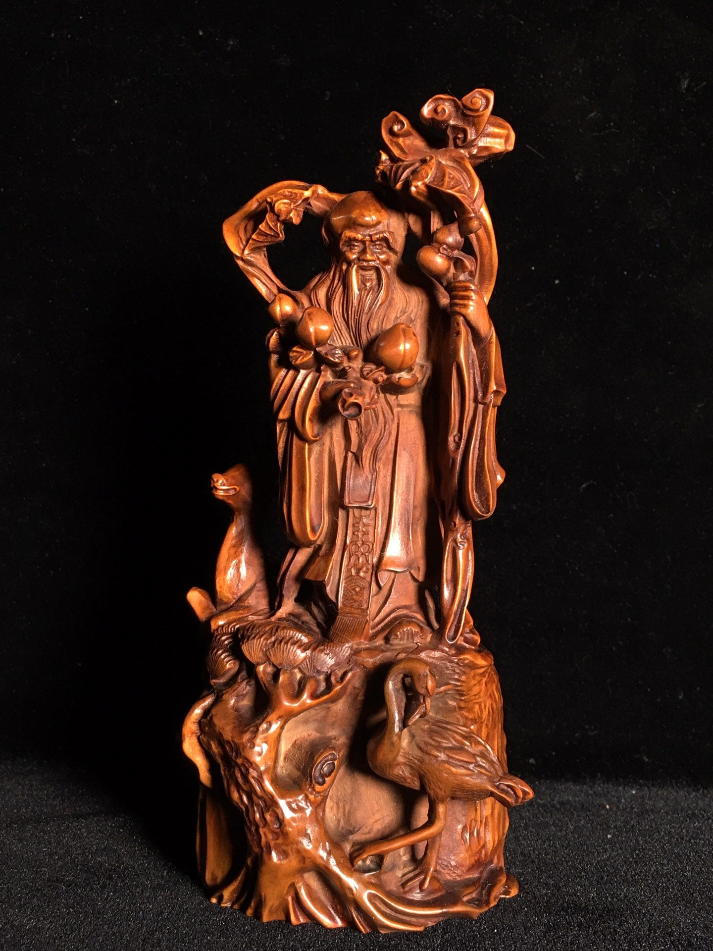 A0249 Chinese Boxwood Wood Carved Longevity Taoism Deity Statue