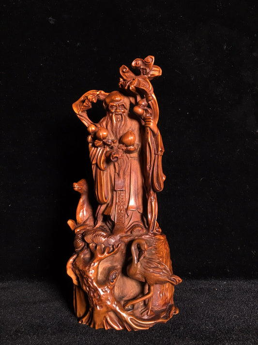 A0249 Chinese Boxwood Wood Carved Longevity Taoism Deity Statue