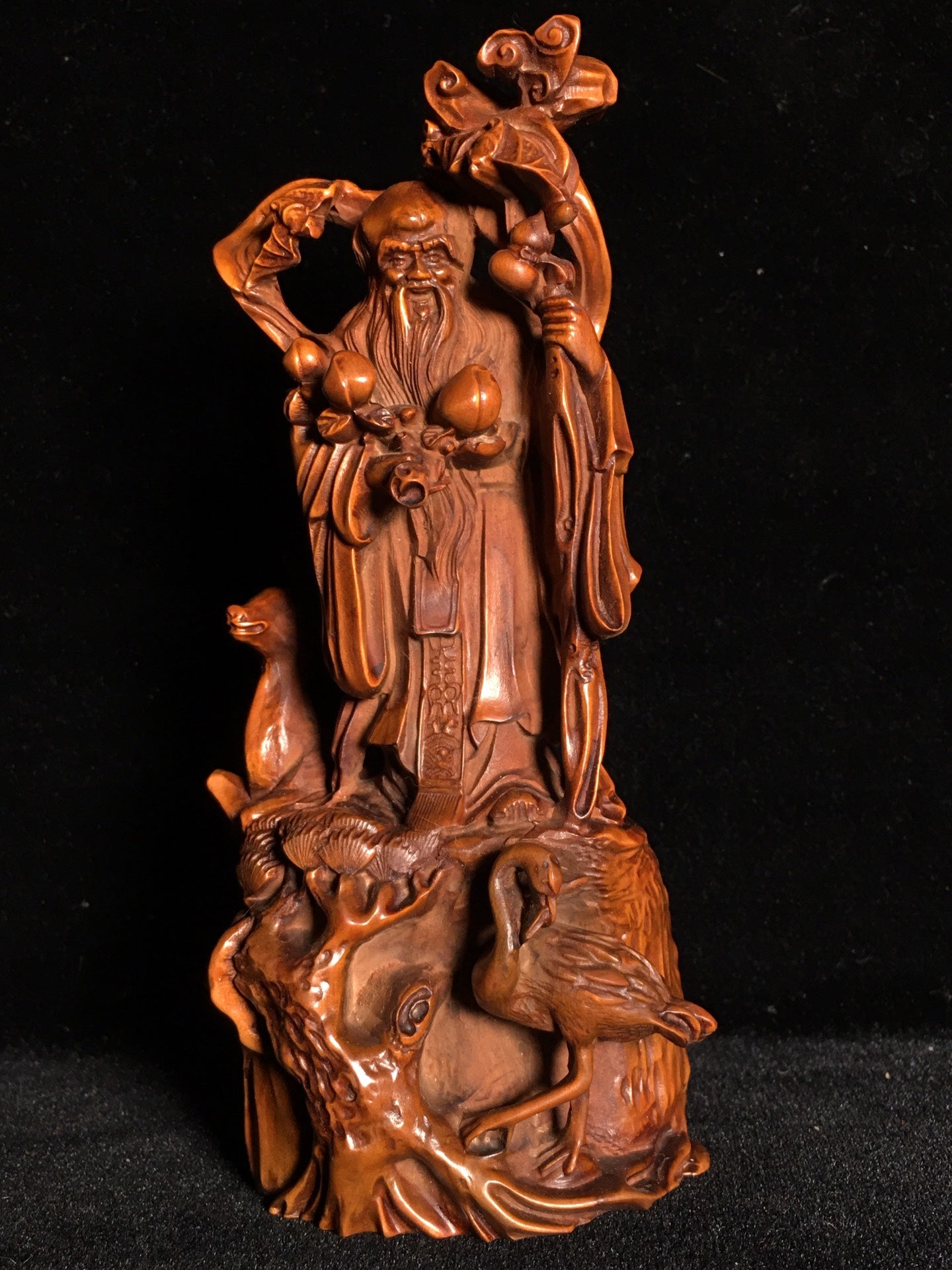 A0249 Chinese Boxwood Wood Carved Longevity Taoism Deity Statue