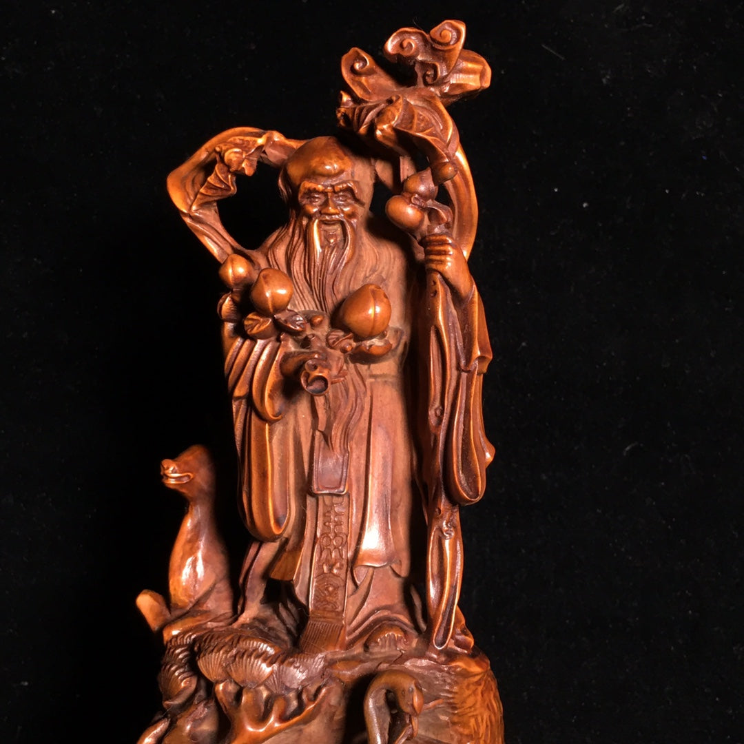 A0249 Chinese Boxwood Wood Carved Longevity Taoism Deity Statue