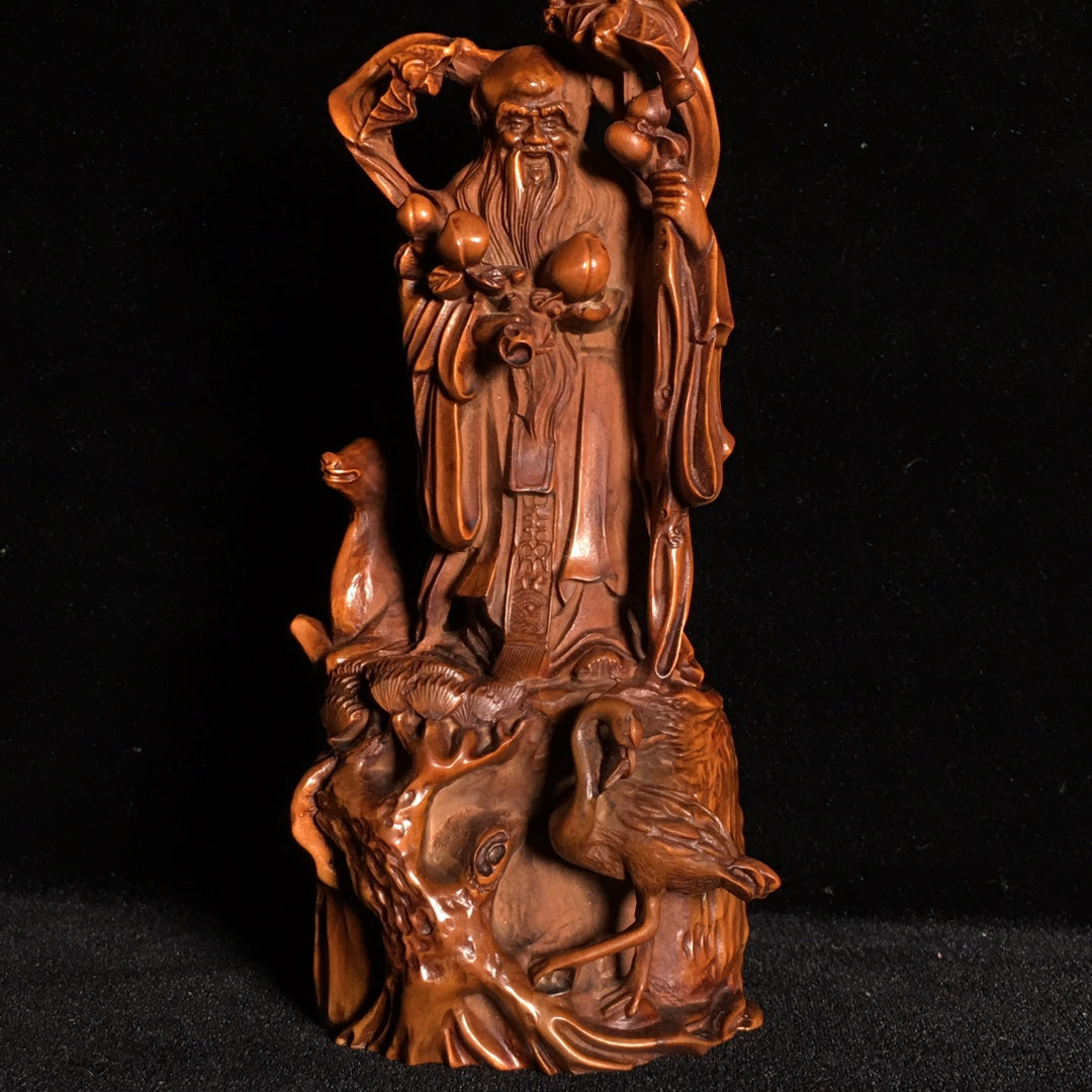 A0249 Chinese Boxwood Wood Carved Longevity Taoism Deity Statue