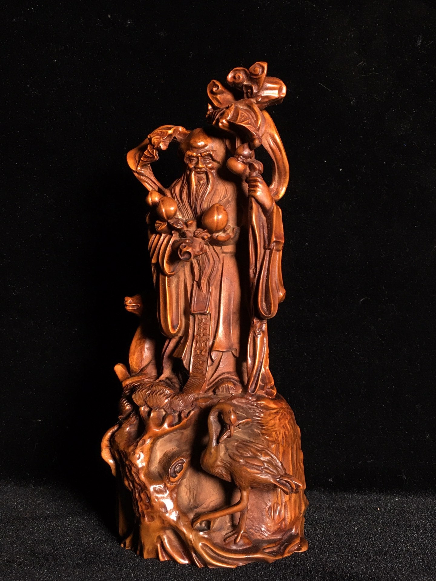 A0249 Chinese Boxwood Wood Carved Longevity Taoism Deity Statue