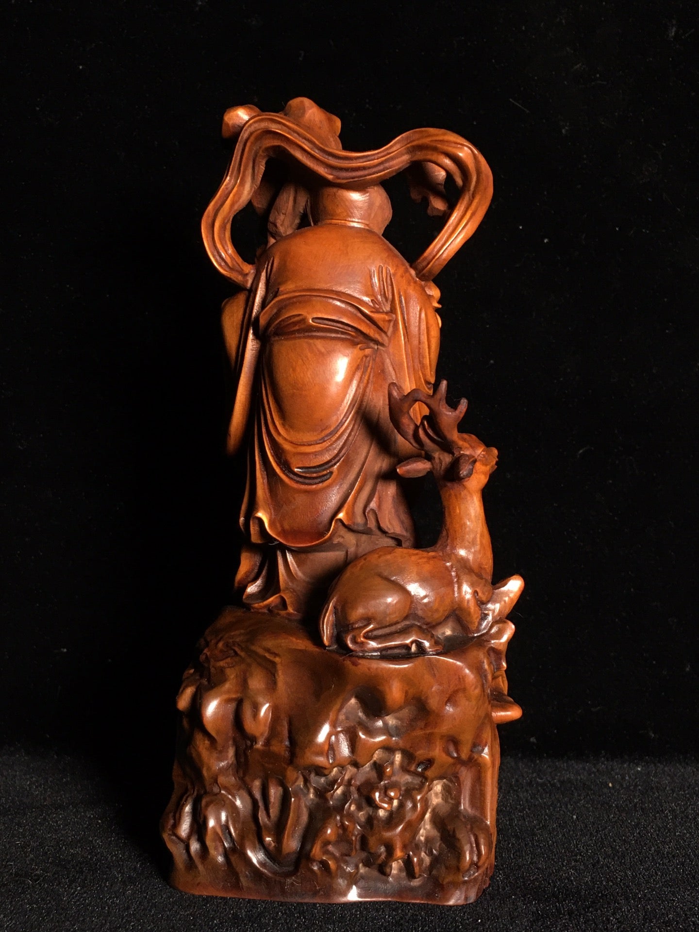 A0249 Chinese Boxwood Wood Carved Longevity Taoism Deity Statue