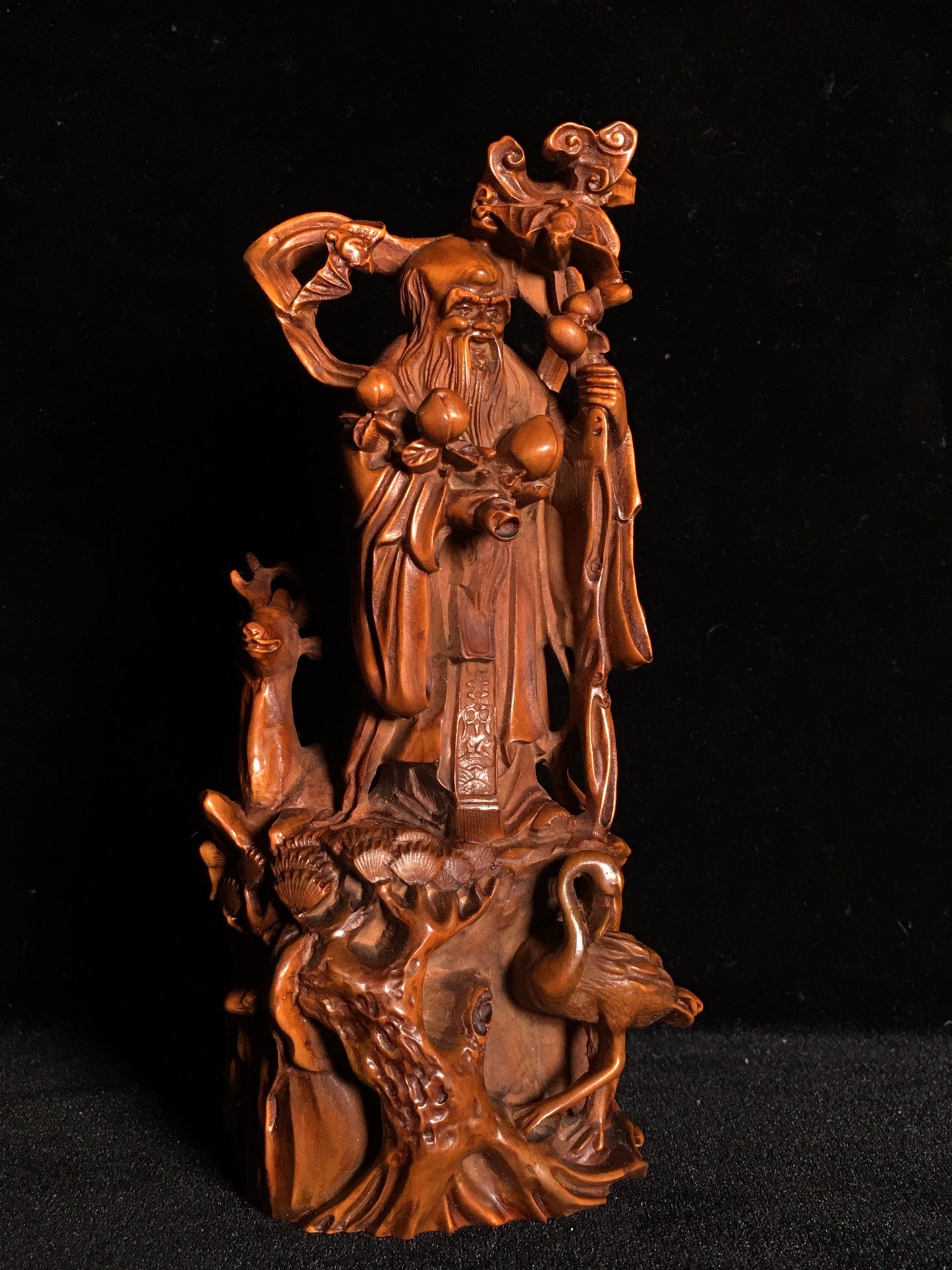 A0249 Chinese Boxwood Wood Carved Longevity Taoism Deity Statue