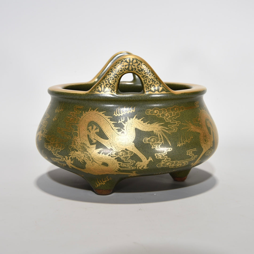 A0252 Chinese Gilt Gold Tea Dust Glaze Dragon Design Porcelain Double Ears 3 Leg Incense Burner