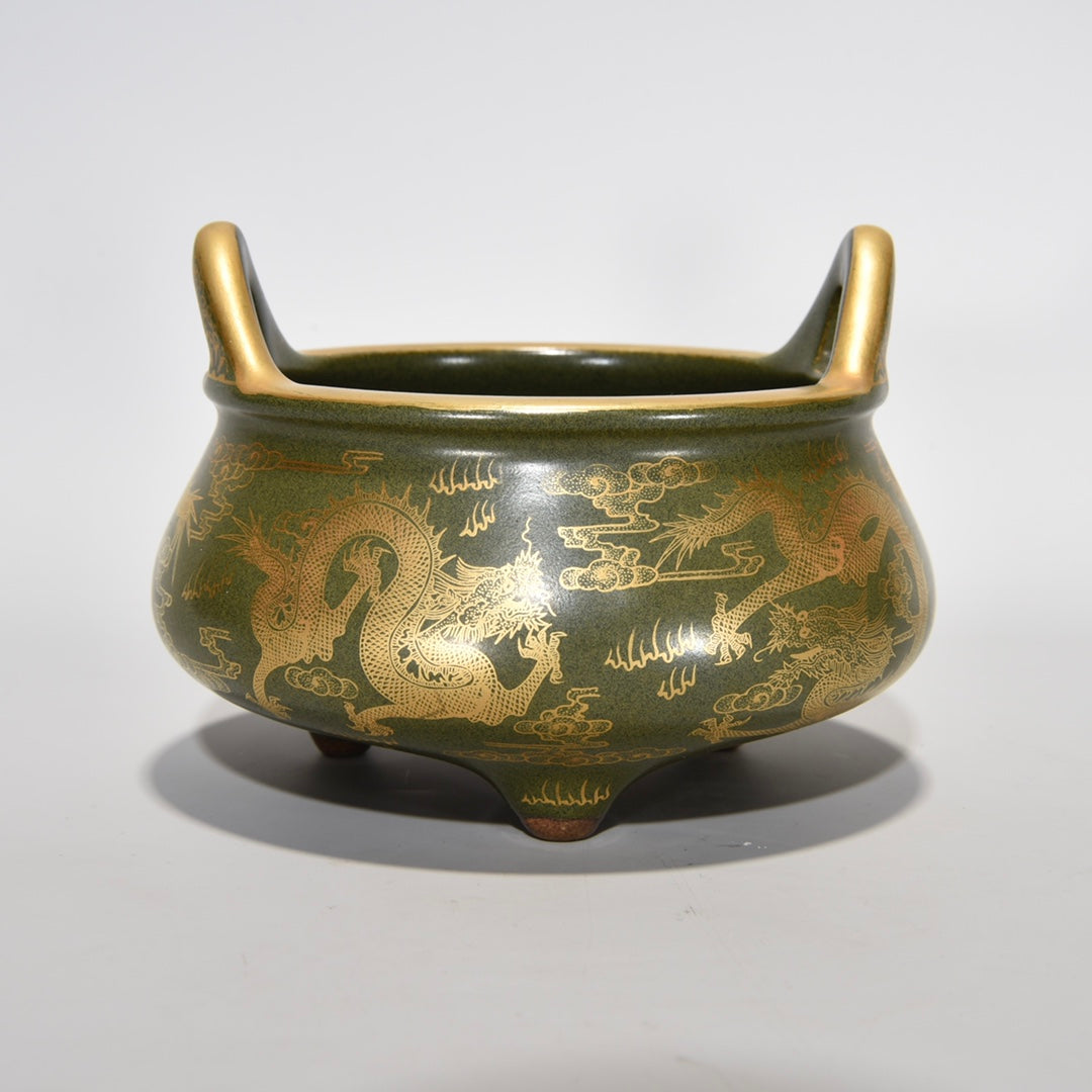 A0252 Chinese Gilt Gold Tea Dust Glaze Dragon Design Porcelain Double Ears 3 Leg Incense Burner