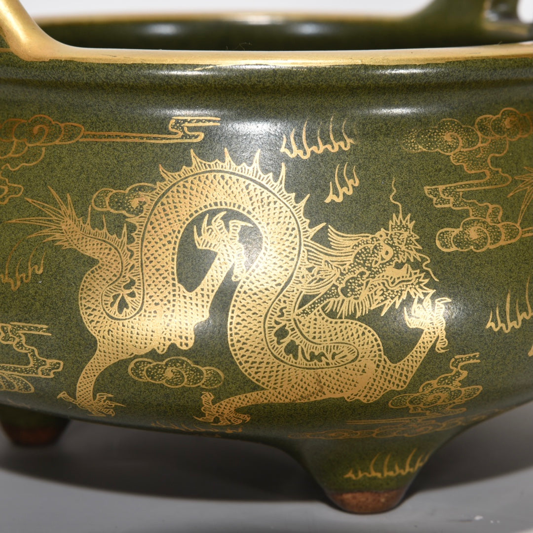 A0252 Chinese Gilt Gold Tea Dust Glaze Dragon Design Porcelain Double Ears 3 Leg Incense Burner