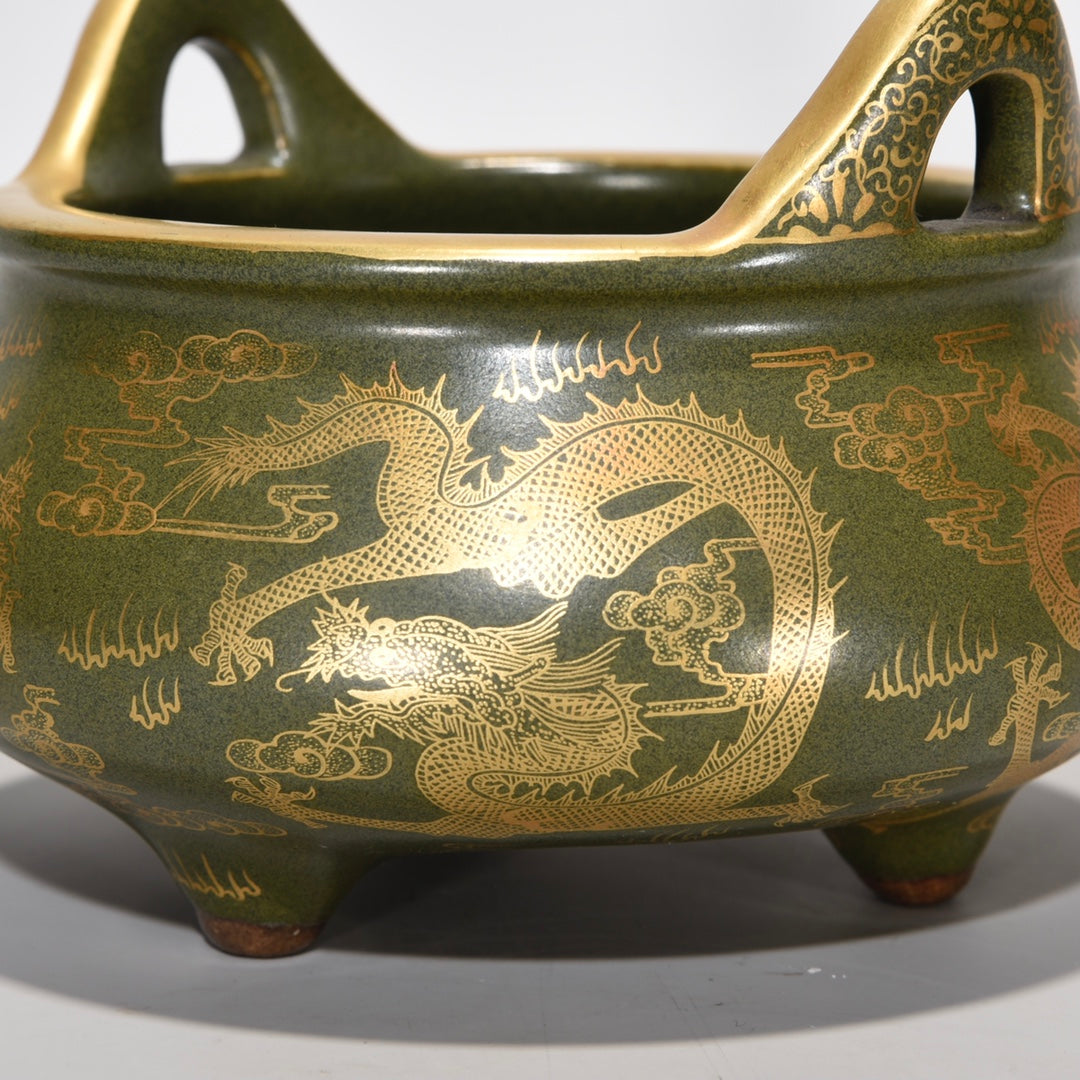 A0252 Chinese Gilt Gold Tea Dust Glaze Dragon Design Porcelain Double Ears 3 Leg Incense Burner