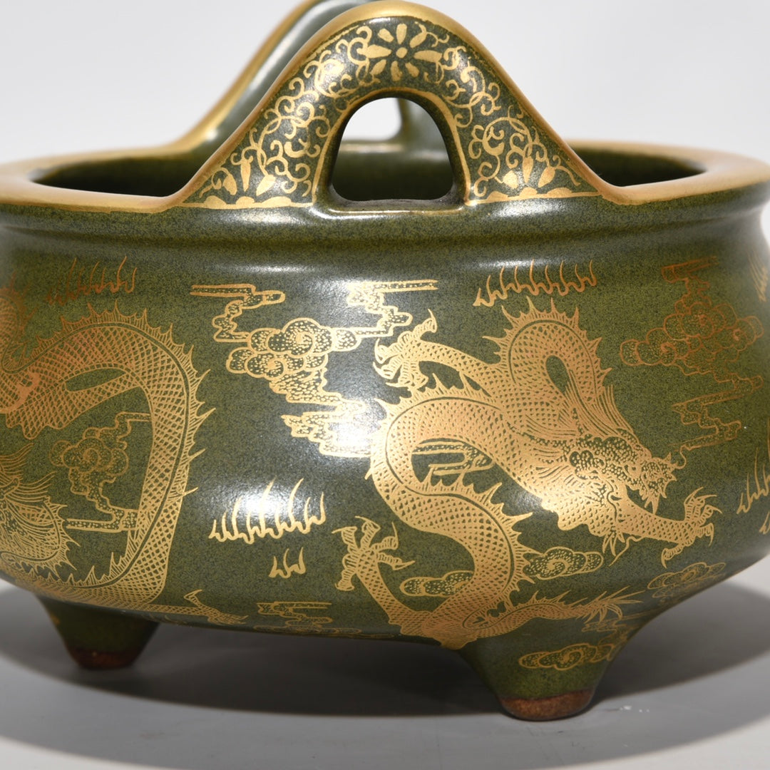 A0252 Chinese Gilt Gold Tea Dust Glaze Dragon Design Porcelain Double Ears 3 Leg Incense Burner