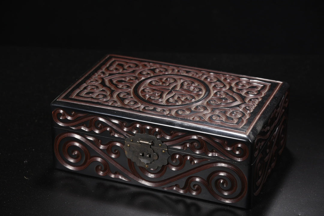 A0257 Vintage Chinese Black Lacquerware Low Relief Cloud Design Jewellery Box