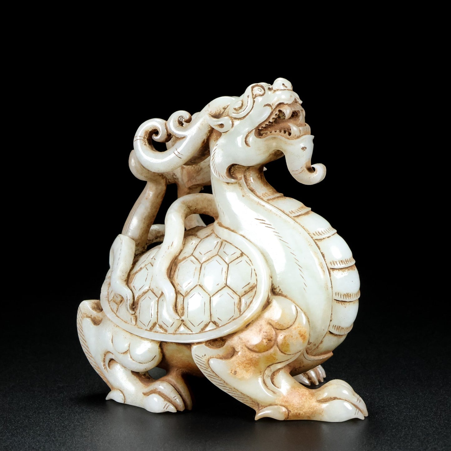 A0258 Vintage Chinese Hetian Jade Carved Dragon Turtle Statue