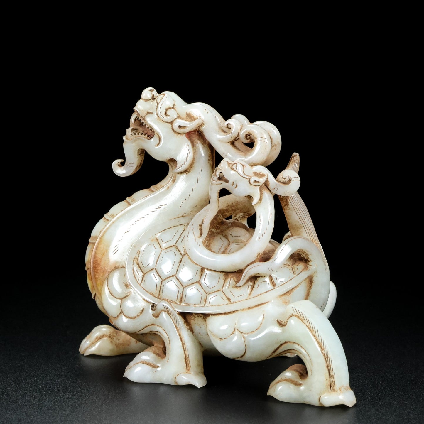 A0258 Vintage Chinese Hetian Jade Carved Dragon Turtle Statue