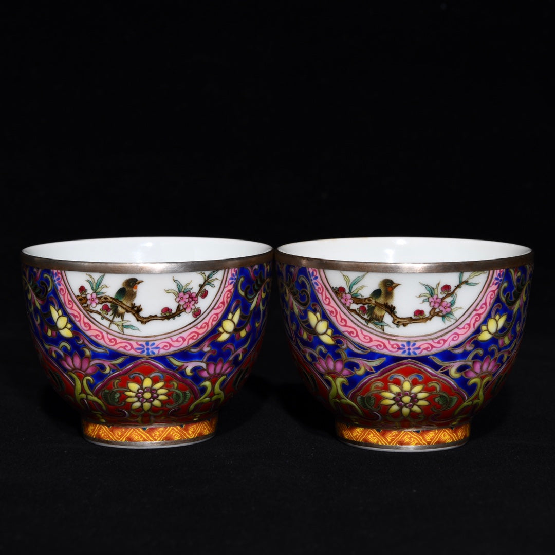 A0260 A Pair Chinese Plated Silver Famille Rose Flower Design Porcelain Cups