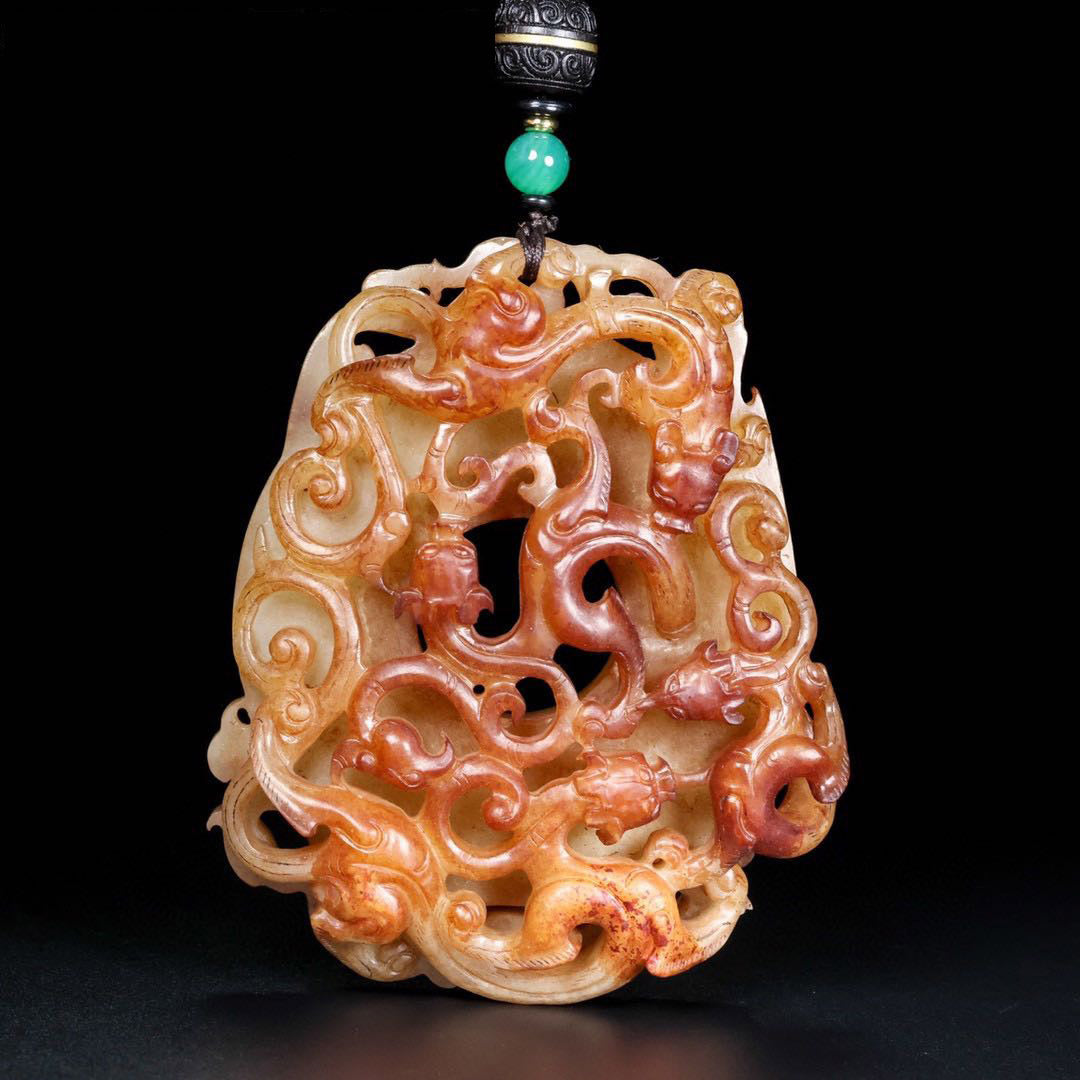 A0261 Vintage Openwork Chinese Hetian Jade Chi Dragon Pendant