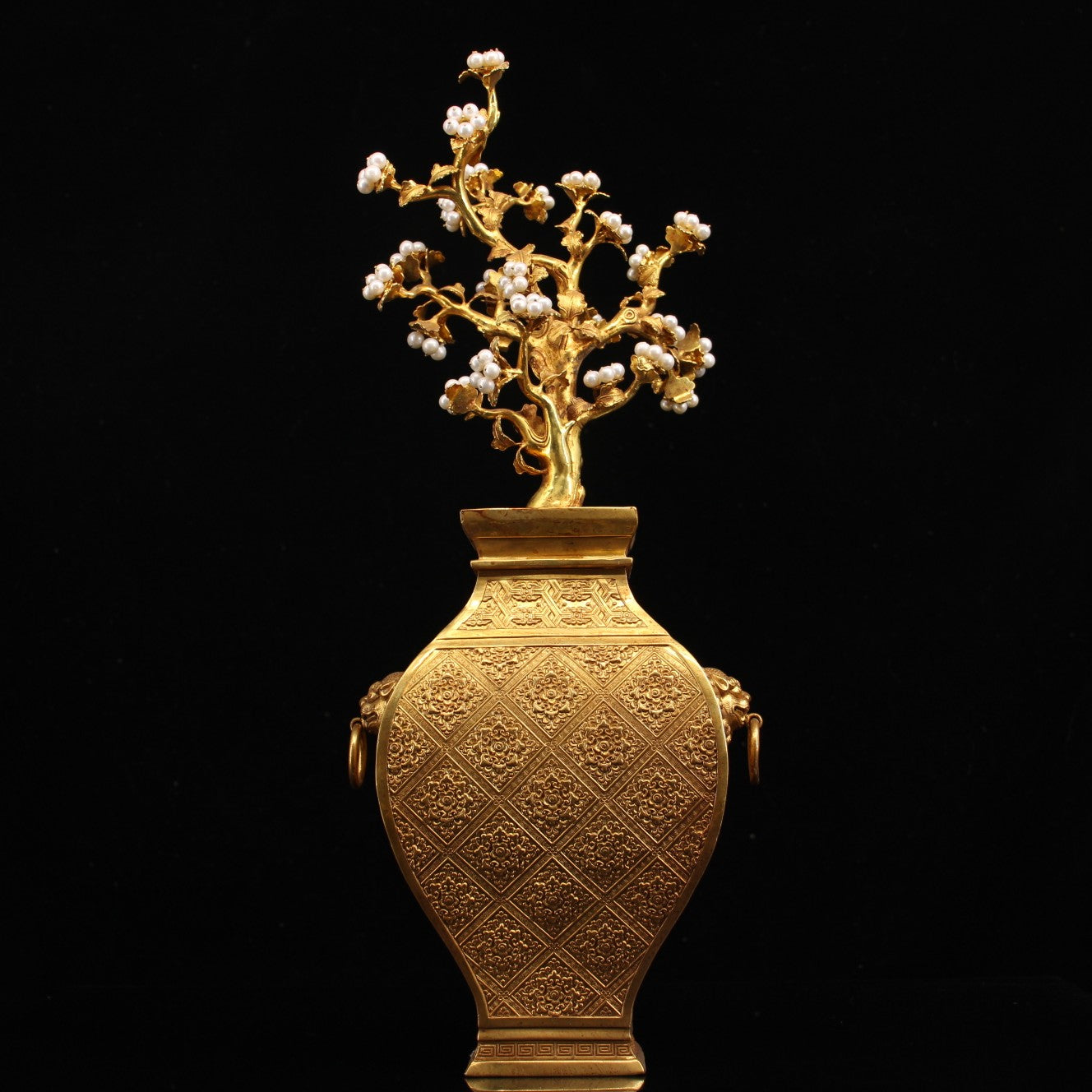 A0262 Old Chinese Gilt Gold Copper Inlay Pearl Flower & Vase Statue