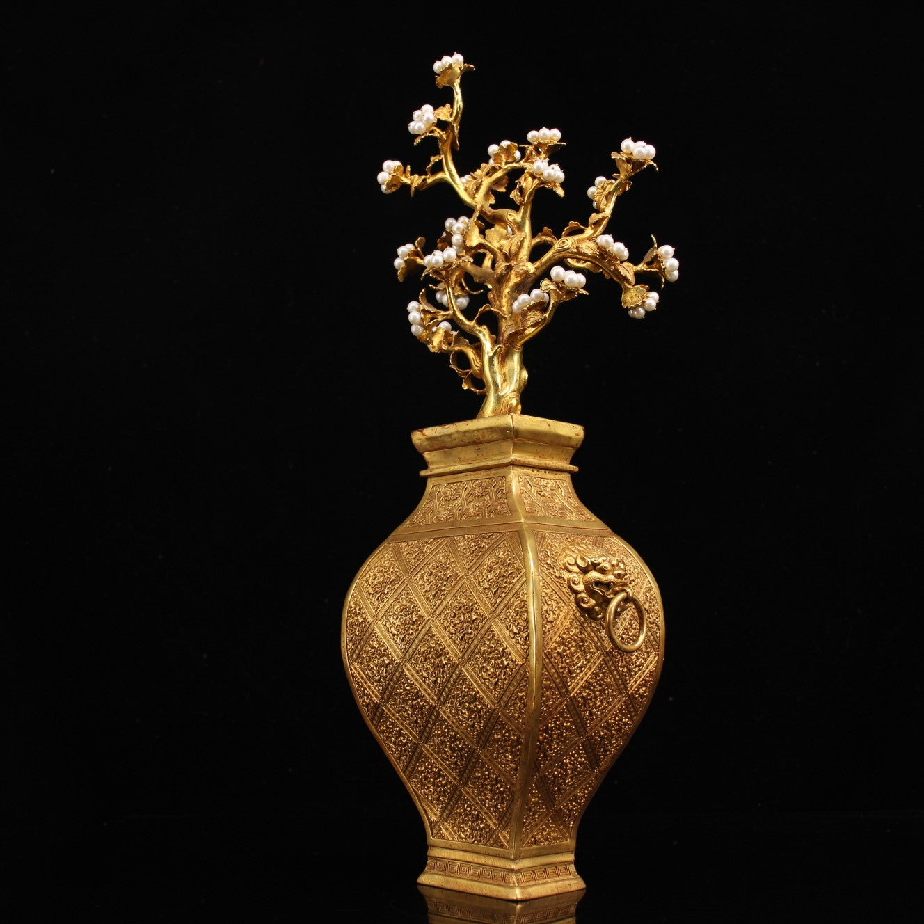 A0262 Old Chinese Gilt Gold Copper Inlay Pearl Flower & Vase Statue