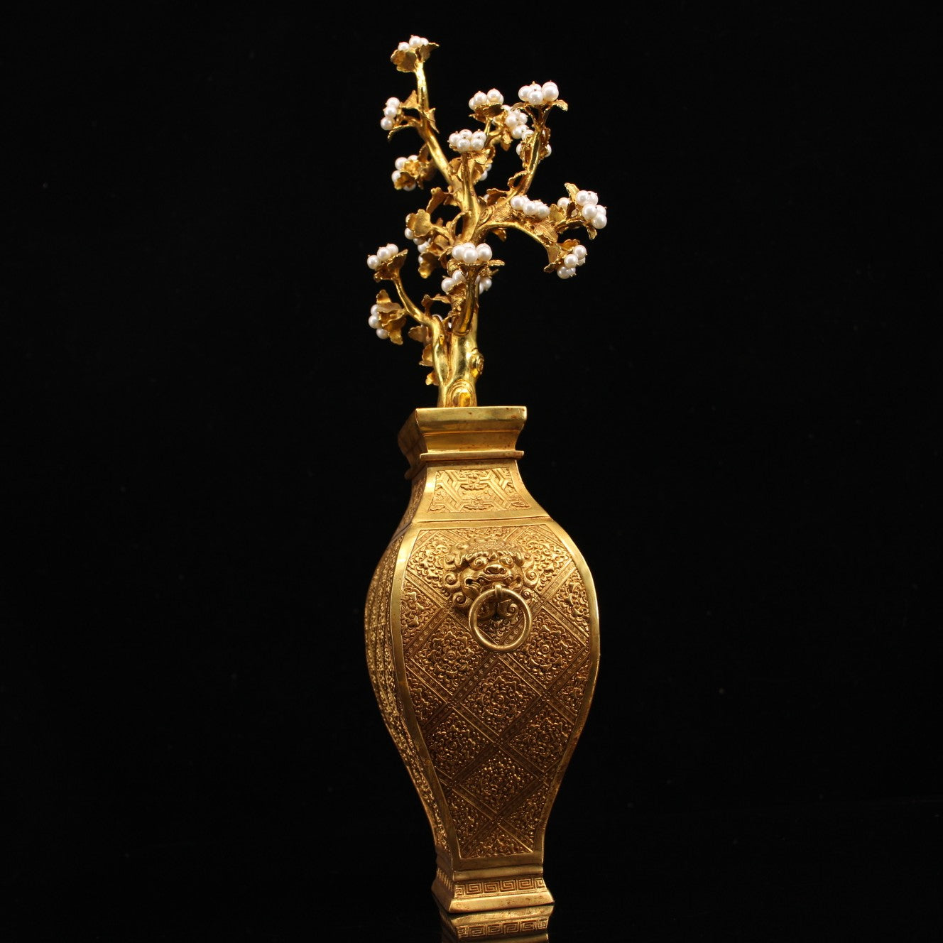 A0262 Old Chinese Gilt Gold Copper Inlay Pearl Flower & Vase Statue