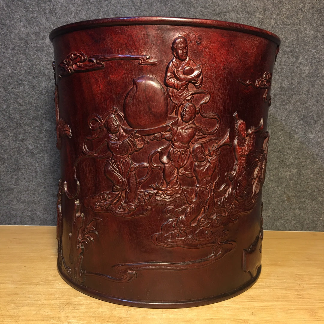 A0266 Vintage Chinese Huali Wood Low Relief Kids Design Brush Pot