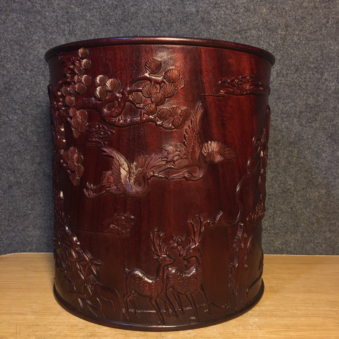 A0266 Vintage Chinese Huali Wood Low Relief Kids Design Brush Pot