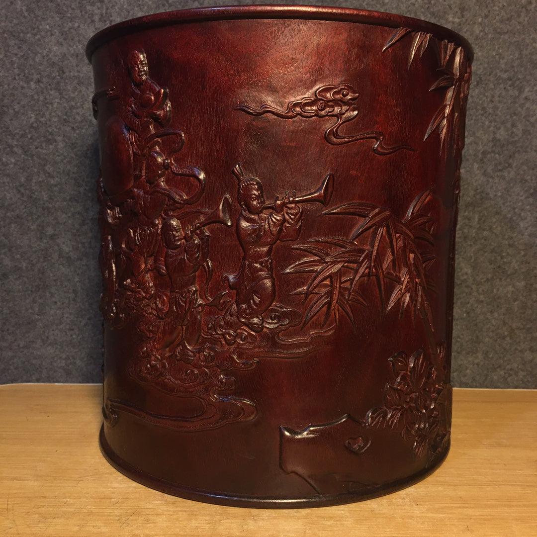 A0266 Vintage Chinese Huali Wood Low Relief Kids Design Brush Pot