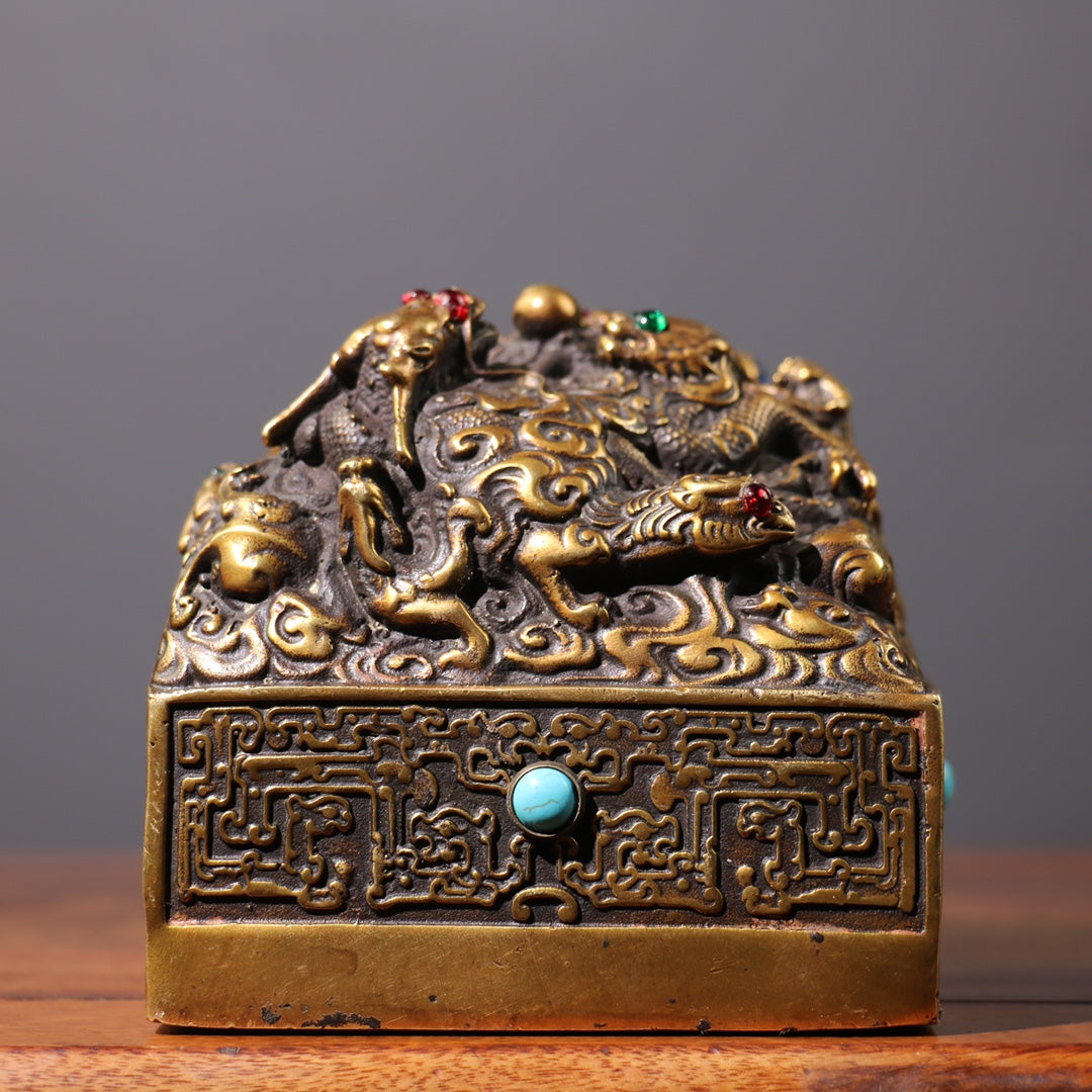 A0268 Old Chinese Brass Inlay Turquoise & Gem Dragon Seal