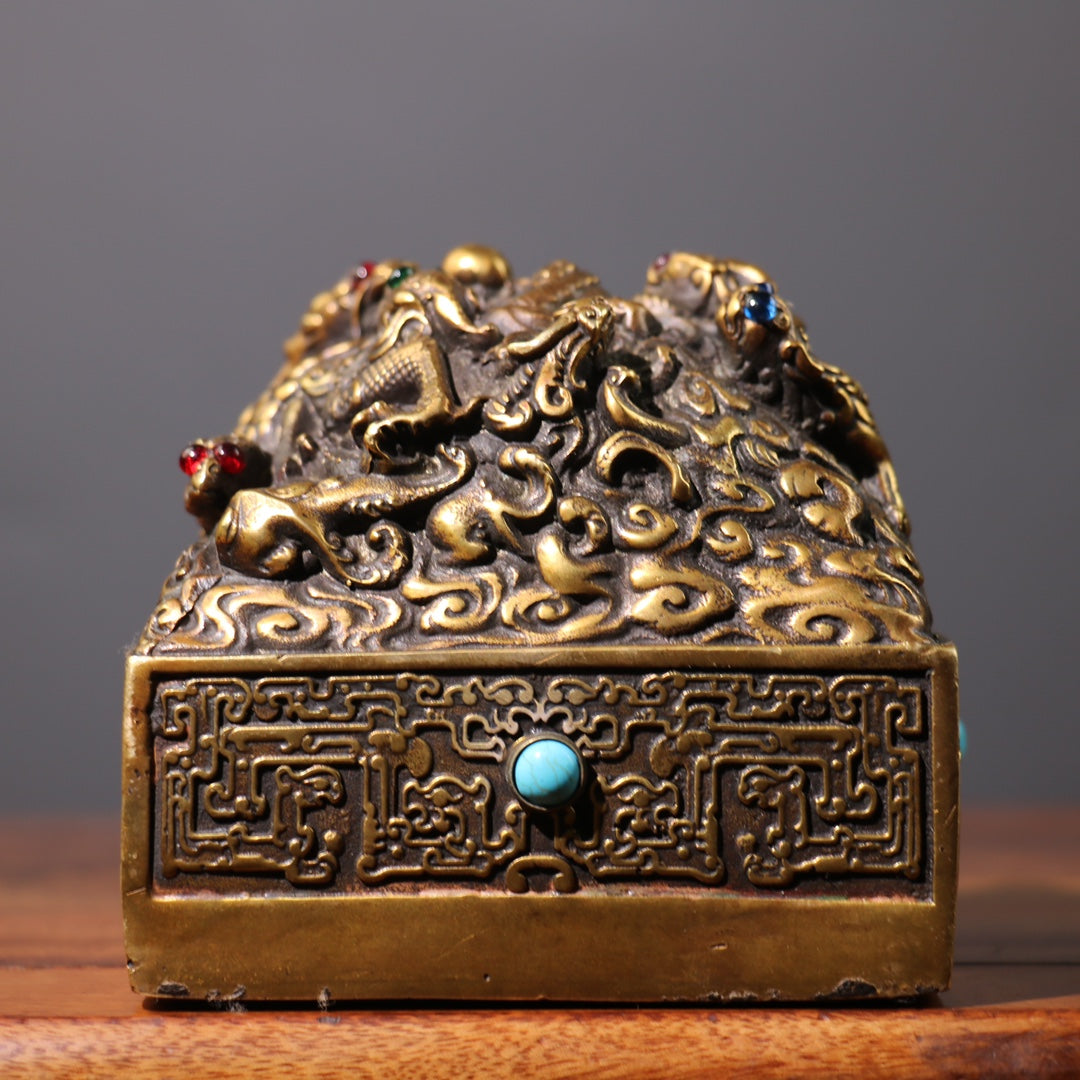 A0268 Old Chinese Brass Inlay Turquoise & Gem Dragon Seal