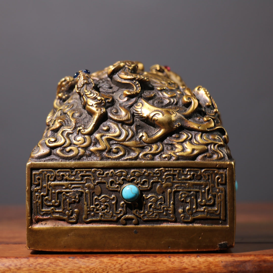 A0268 Old Chinese Brass Inlay Turquoise & Gem Dragon Seal