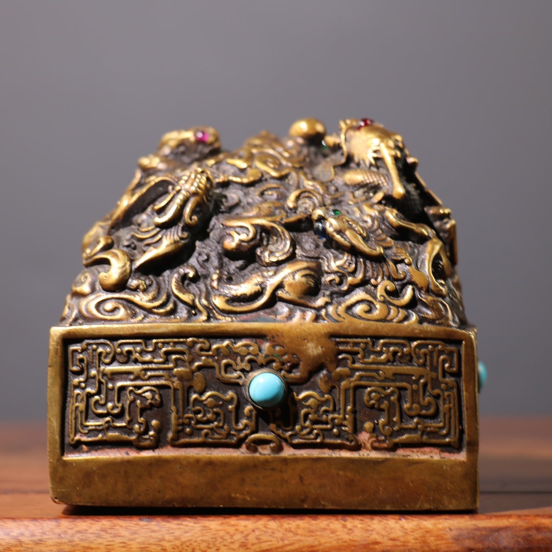 A0268 Old Chinese Brass Inlay Turquoise & Gem Dragon Seal