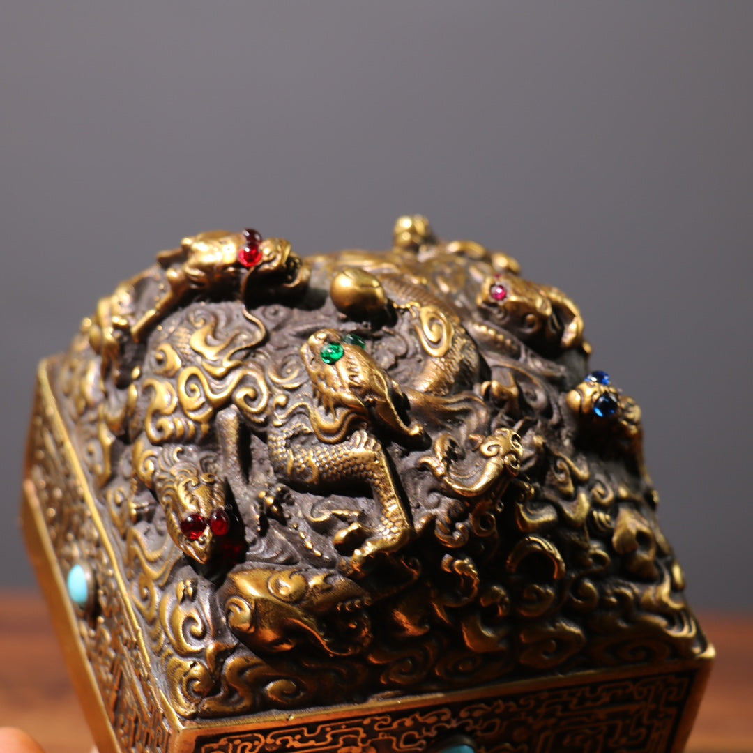 A0268 Old Chinese Brass Inlay Turquoise & Gem Dragon Seal