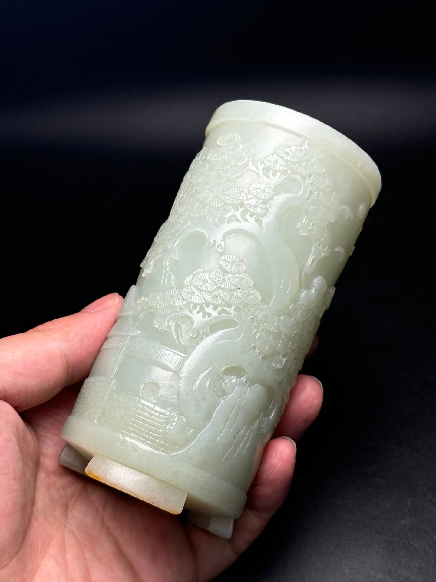 A0270 Superb Chinese Hetian Jade Low Relief Pine Tree & Figure Brush Pot