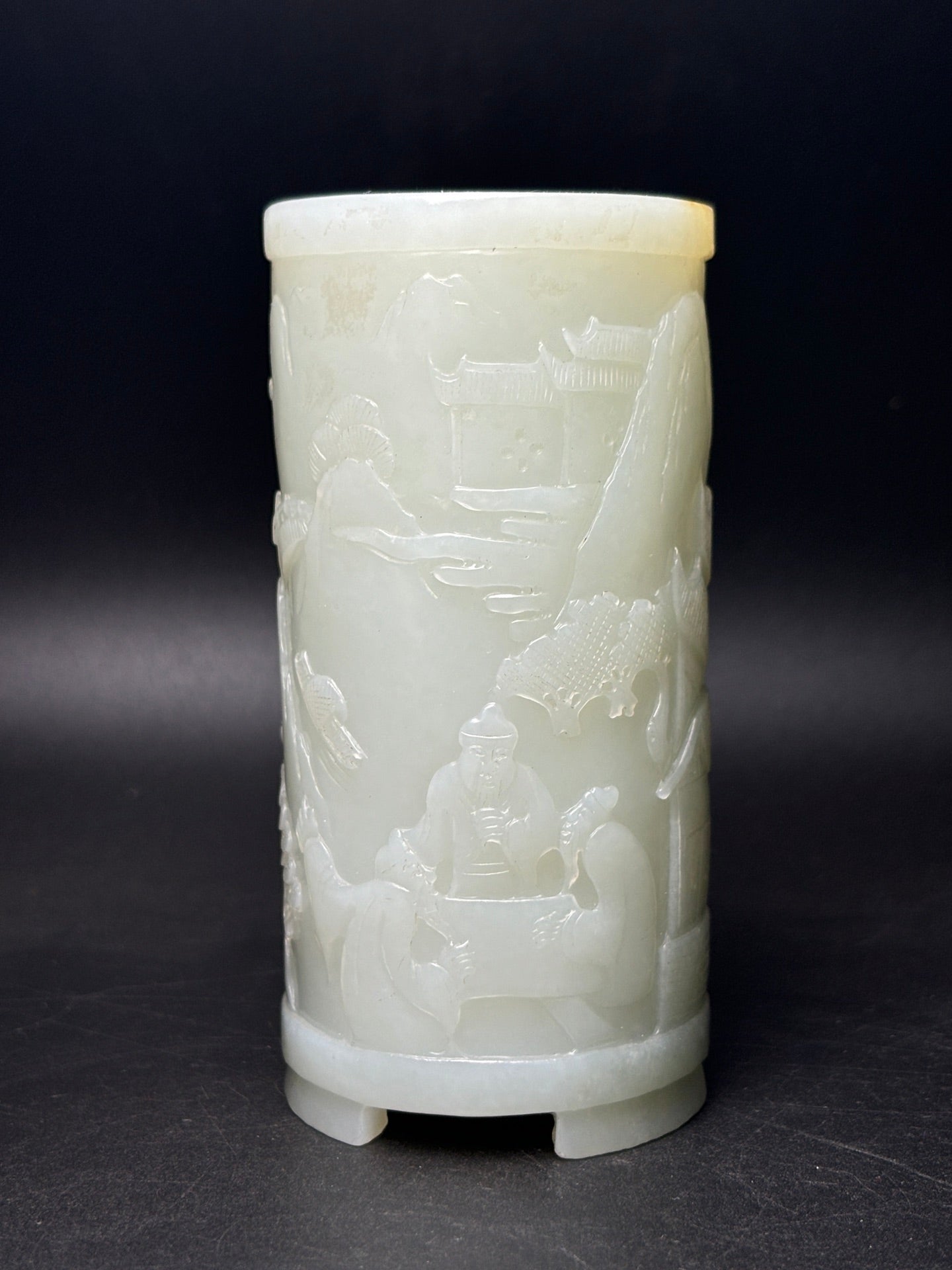 A0270 Superb Chinese Hetian Jade Low Relief Pine Tree & Figure Brush Pot