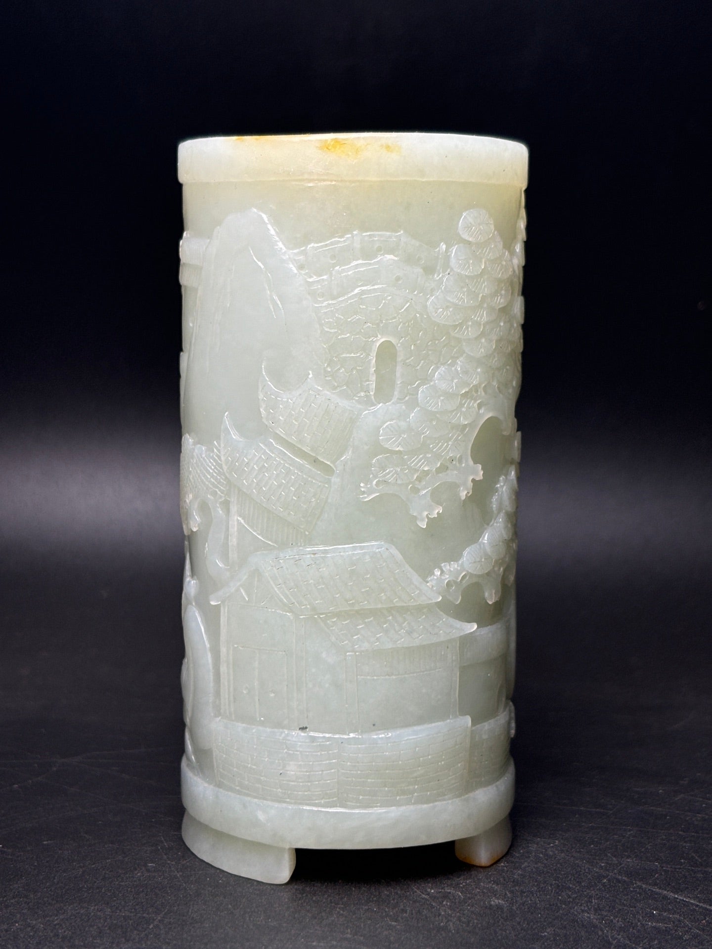 A0270 Superb Chinese Hetian Jade Low Relief Pine Tree & Figure Brush Pot