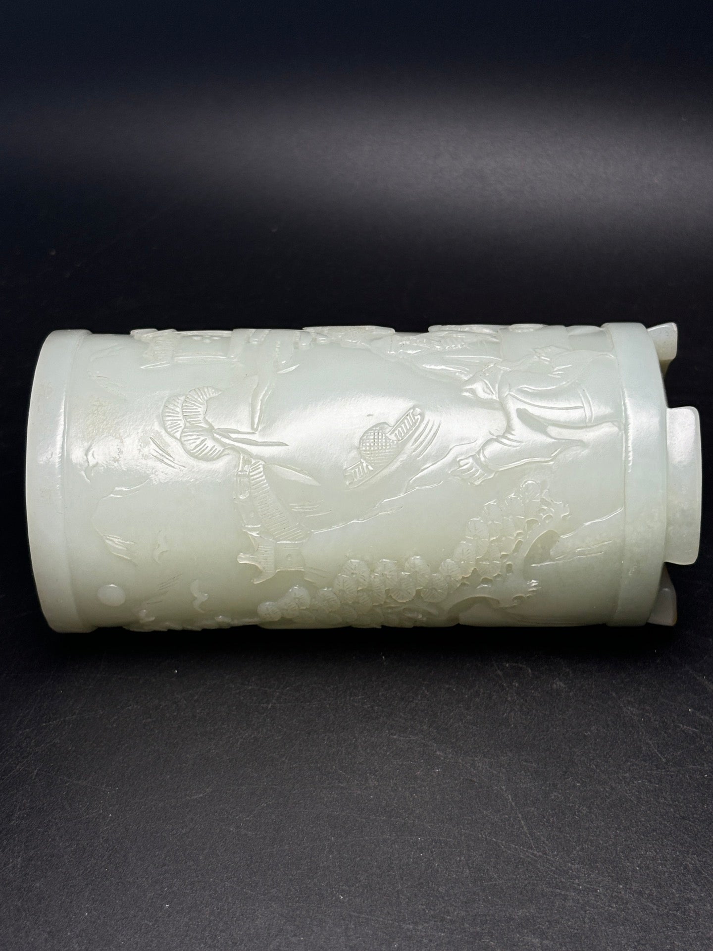 A0270 Superb Chinese Hetian Jade Low Relief Pine Tree & Figure Brush Pot