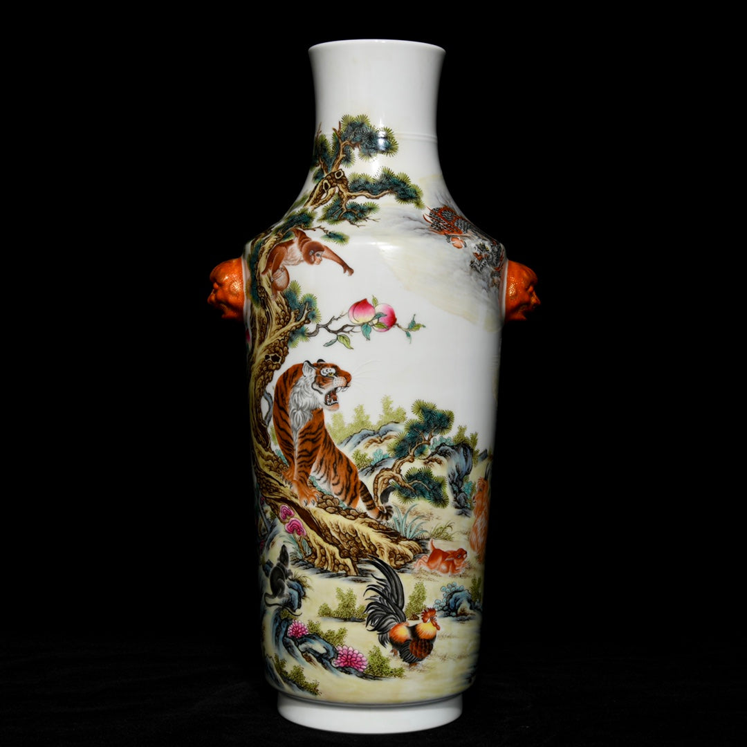 A0271 Chinese Famille Rose Pine Tree & Tiger Design Beast Head Double Ears Porcelain Vase