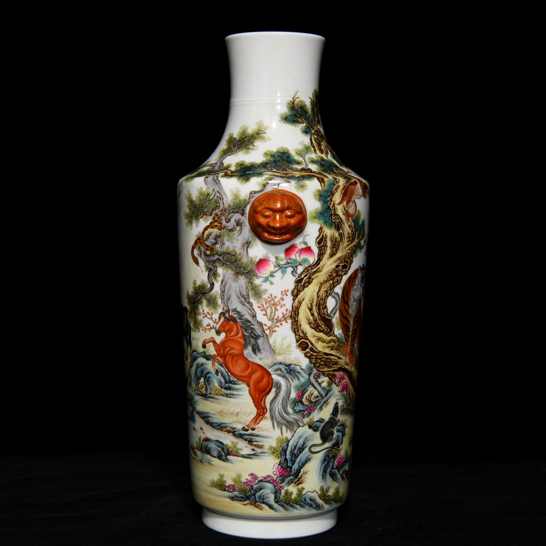 A0271 Chinese Famille Rose Pine Tree & Tiger Design Beast Head Double Ears Porcelain Vase