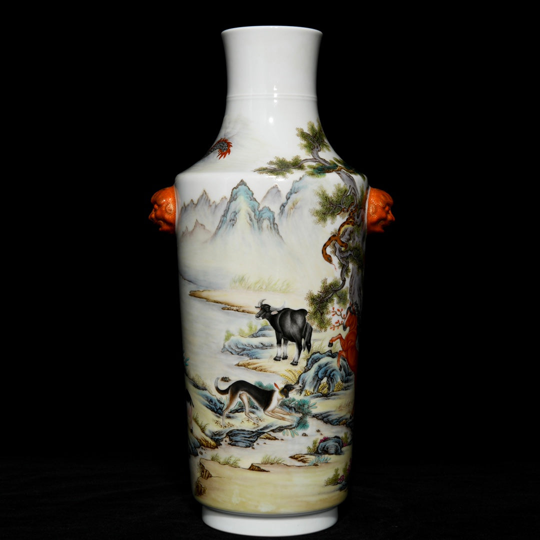 A0271 Chinese Famille Rose Pine Tree & Tiger Design Beast Head Double Ears Porcelain Vase