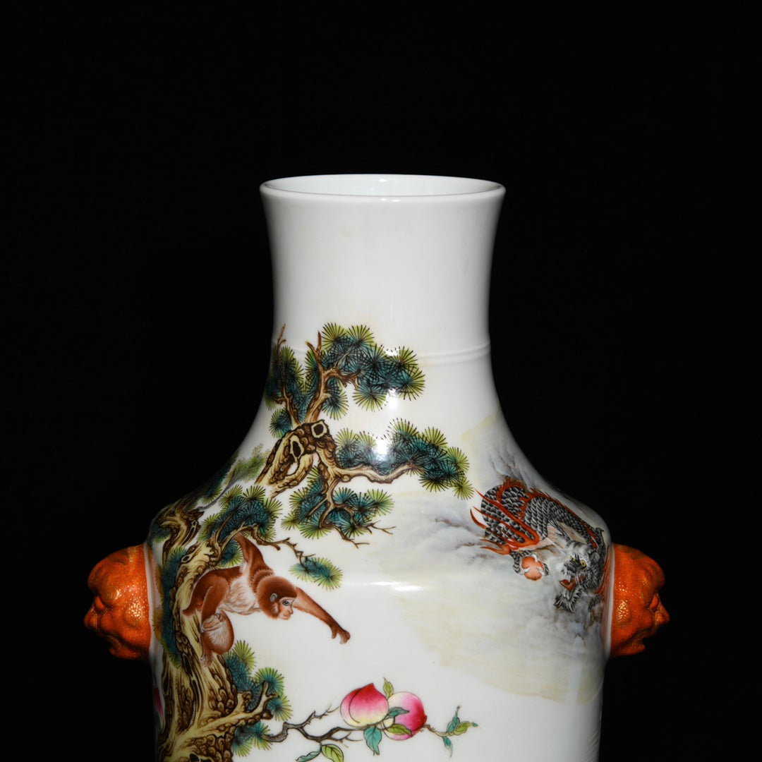 A0271 Chinese Famille Rose Pine Tree & Tiger Design Beast Head Double Ears Porcelain Vase