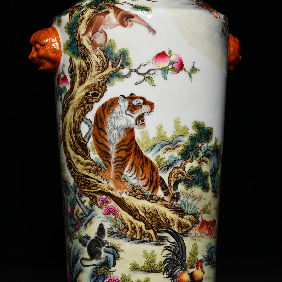 A0271 Chinese Famille Rose Pine Tree & Tiger Design Beast Head Double Ears Porcelain Vase