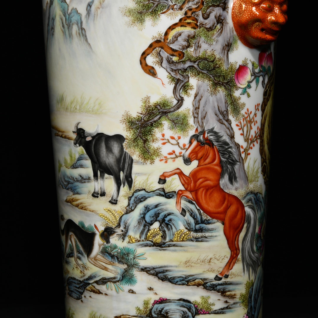 A0271 Chinese Famille Rose Pine Tree & Tiger Design Beast Head Double Ears Porcelain Vase