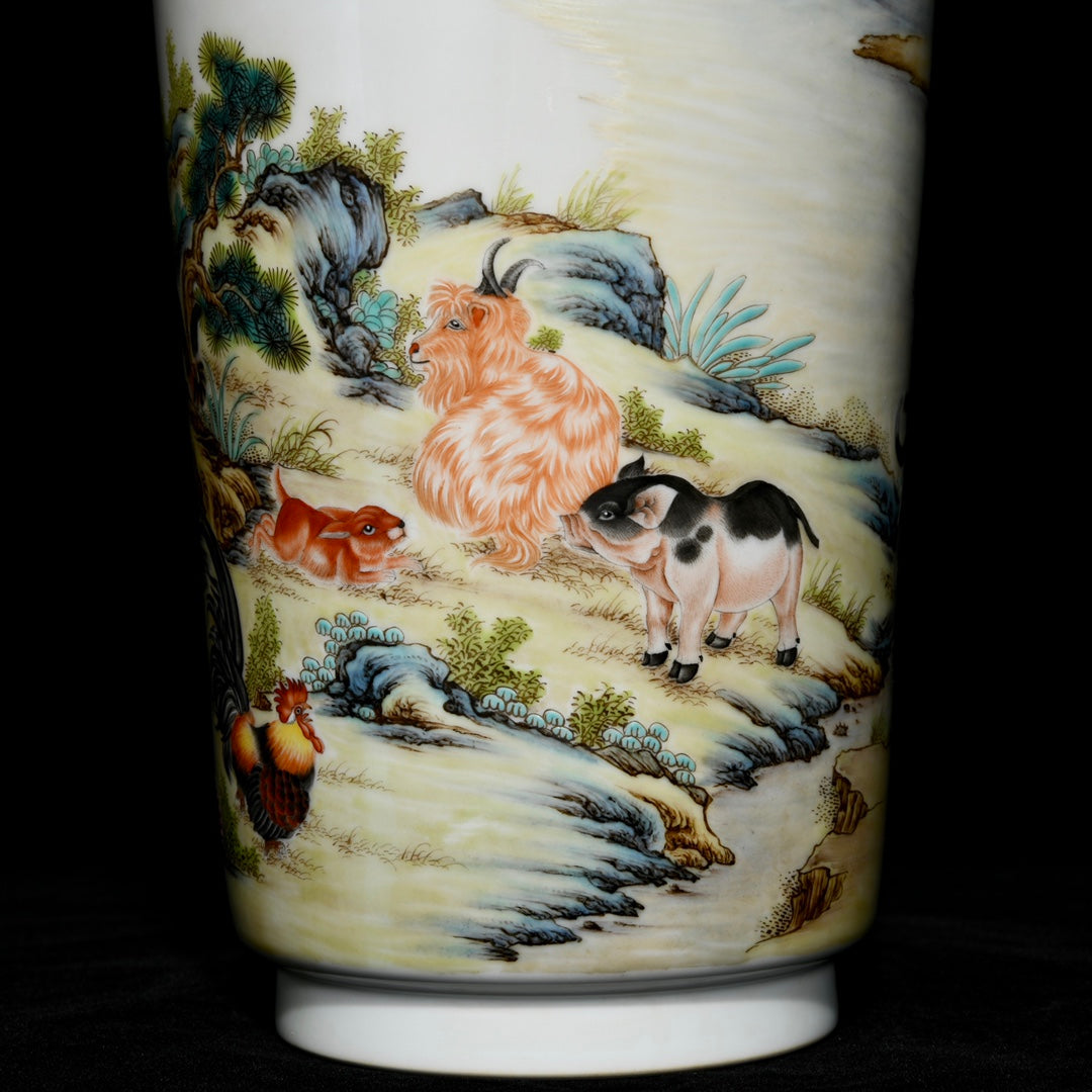 A0271 Chinese Famille Rose Pine Tree & Tiger Design Beast Head Double Ears Porcelain Vase