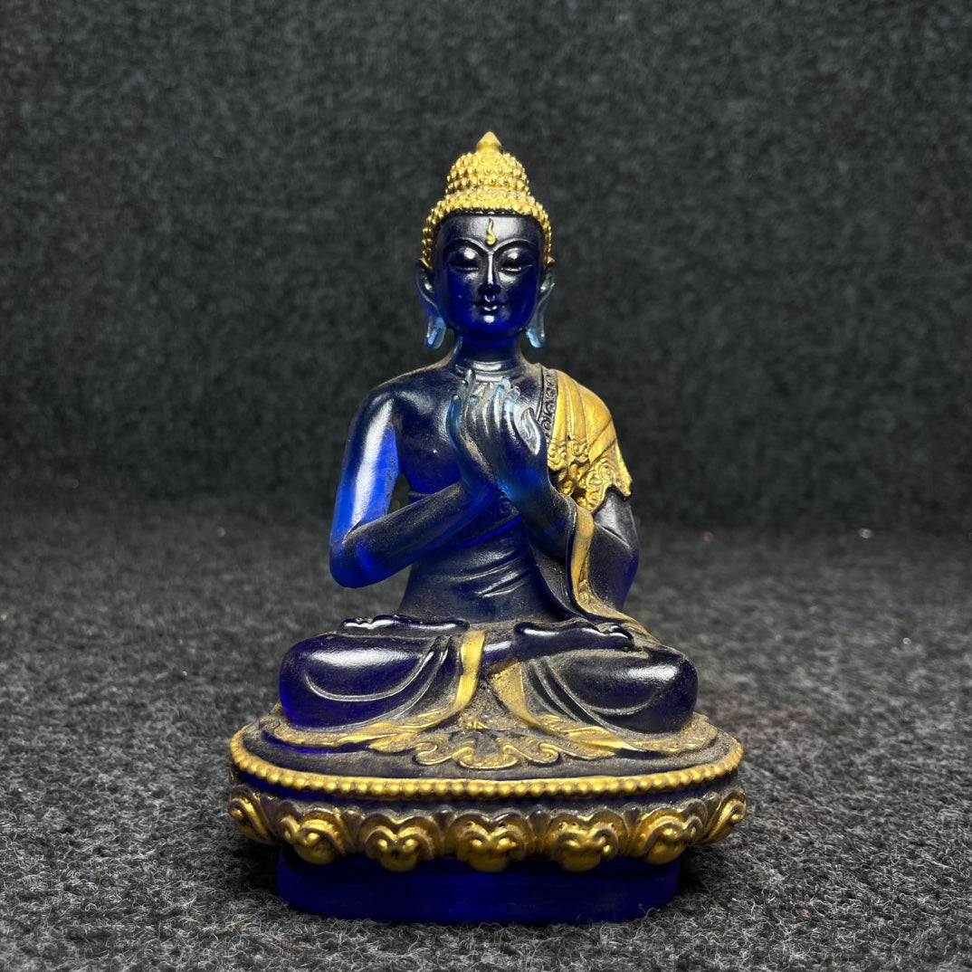 A0272 Old Chinese Gilt Gold Blue Peking Glass Buddha Statue