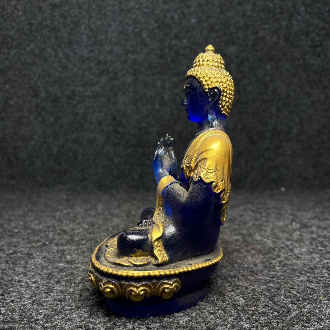 A0272 Old Chinese Gilt Gold Blue Peking Glass Buddha Statue