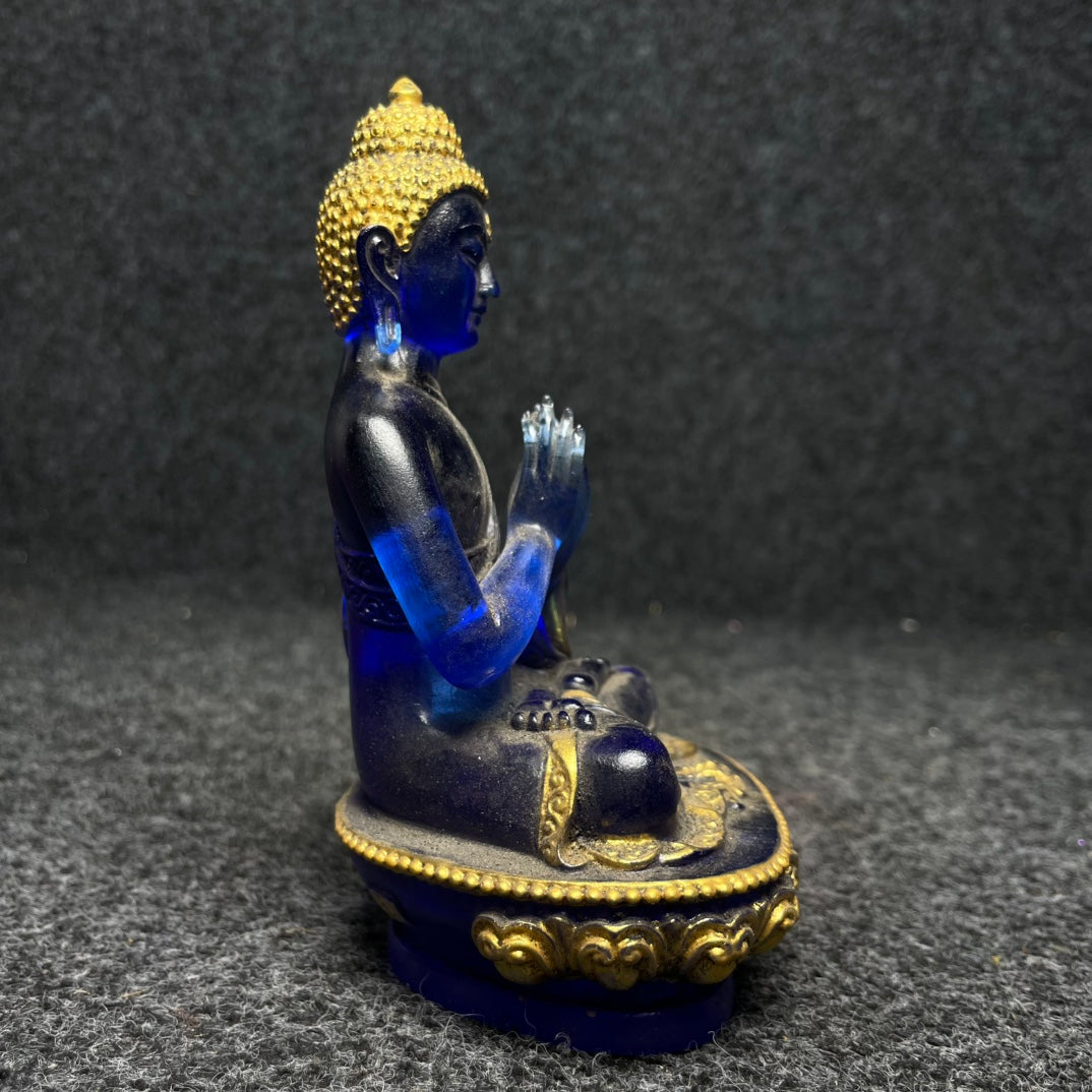 A0272 Old Chinese Gilt Gold Blue Peking Glass Buddha Statue