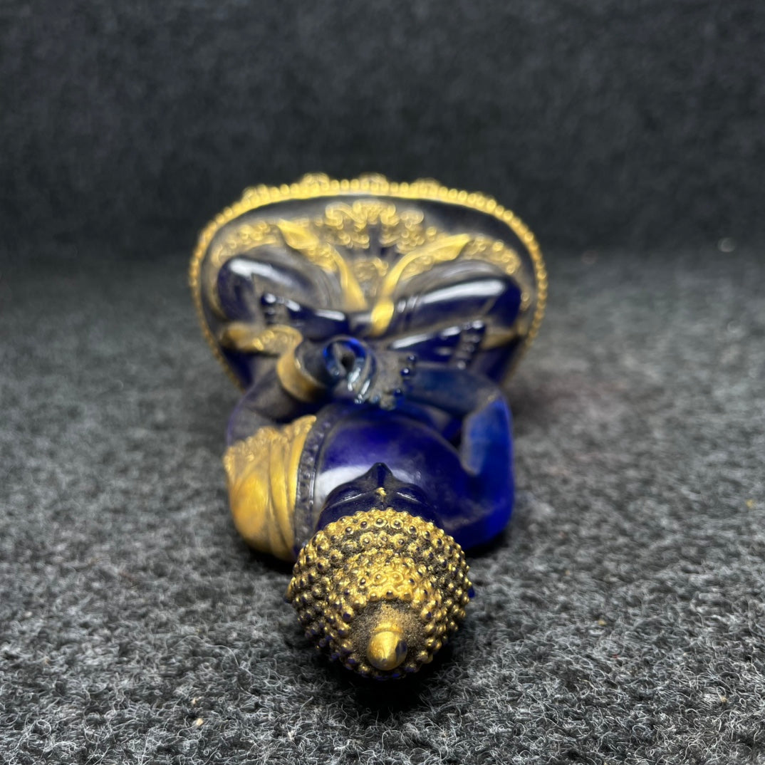 A0272 Old Chinese Gilt Gold Blue Peking Glass Buddha Statue