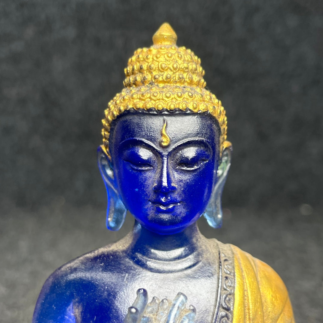 A0272 Old Chinese Gilt Gold Blue Peking Glass Buddha Statue