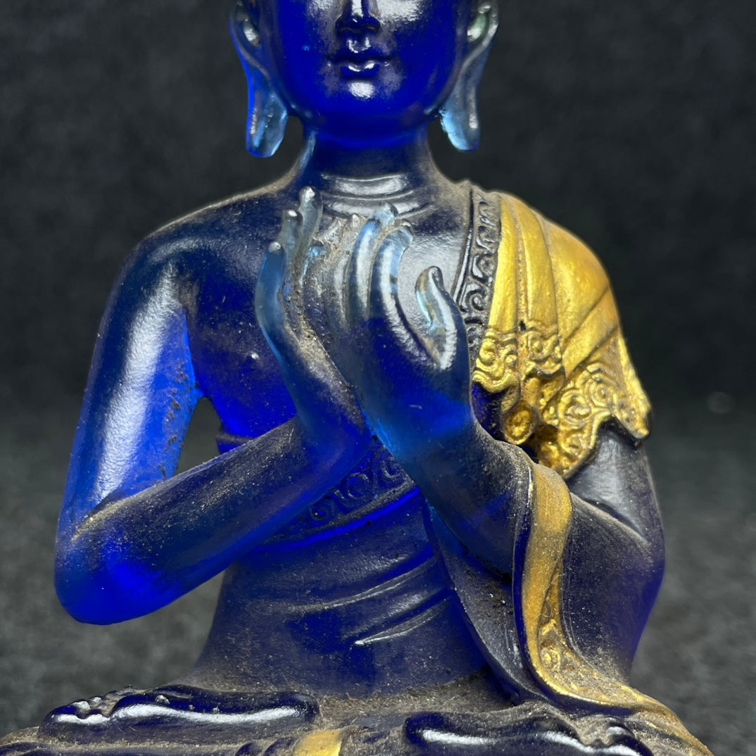 A0272 Old Chinese Gilt Gold Blue Peking Glass Buddha Statue