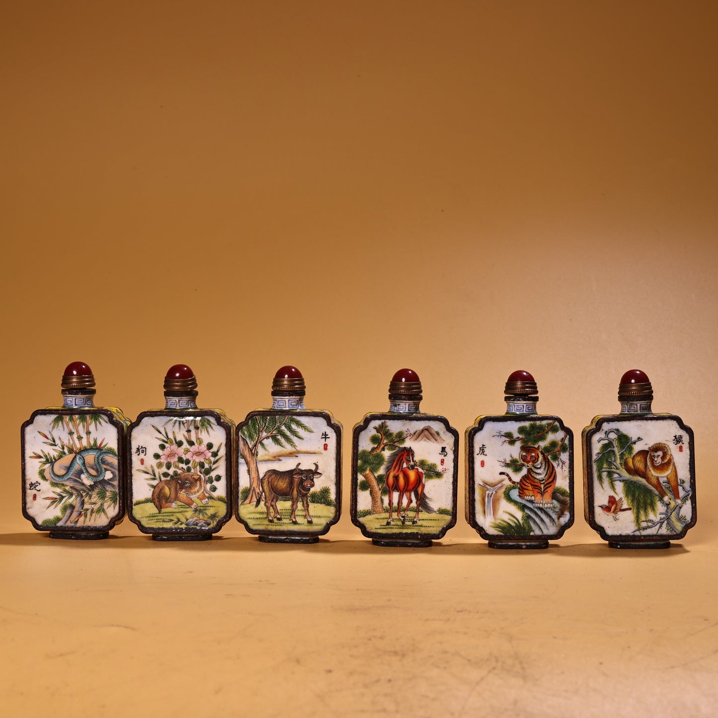 A0273 A Set Six Vintage Chinese Bronze Enamel 12 Zodiacs Design Snuff Bottle