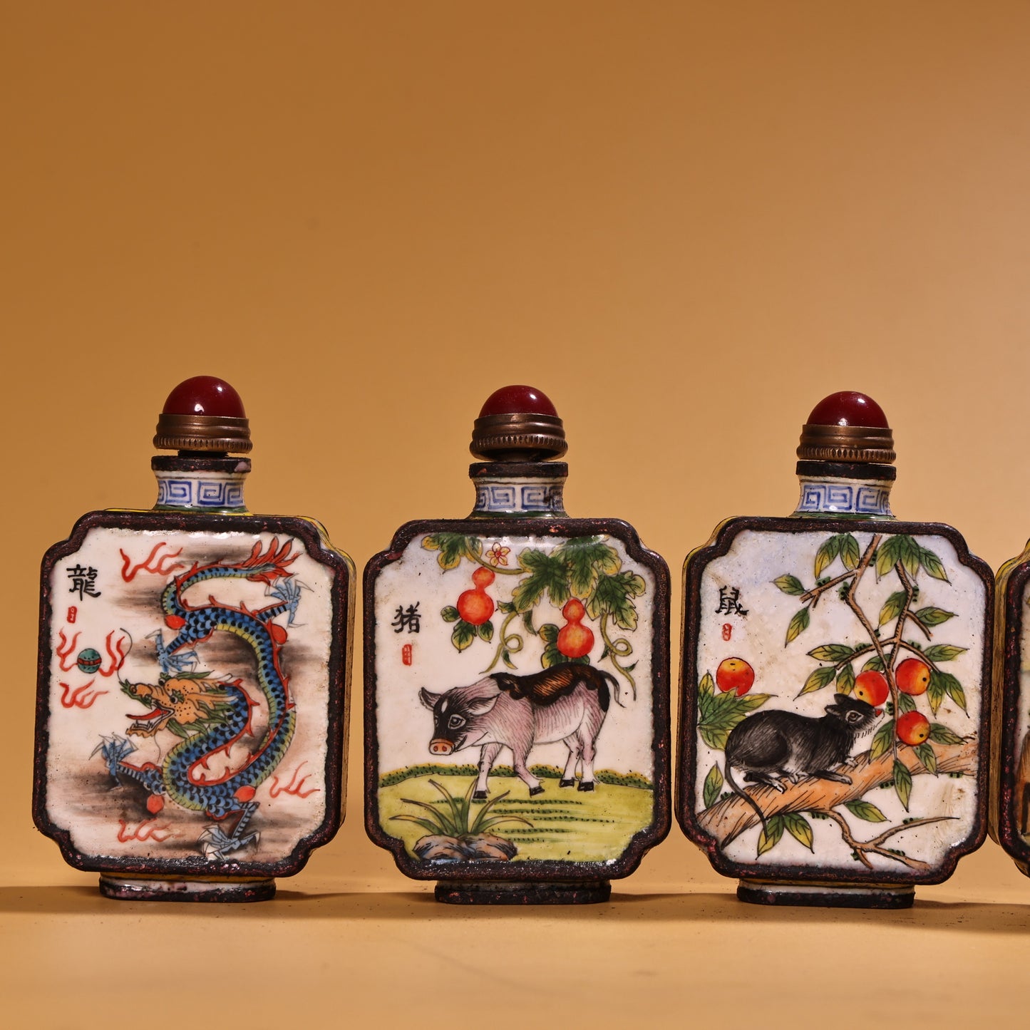 A0273 A Set Six Vintage Chinese Bronze Enamel 12 Zodiacs Design Snuff Bottle