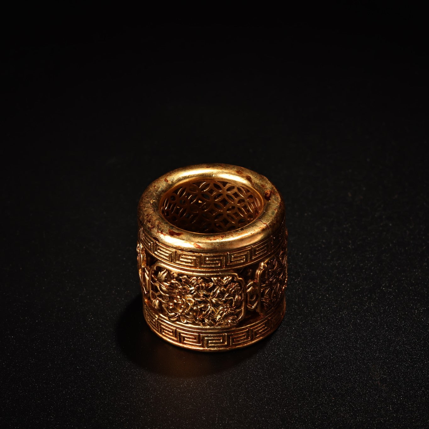 A0275 Openwork Old Chinese Gilt Gold Bronze Plum Flower & Orchid,Bamboo,Chrysanthemum Ring