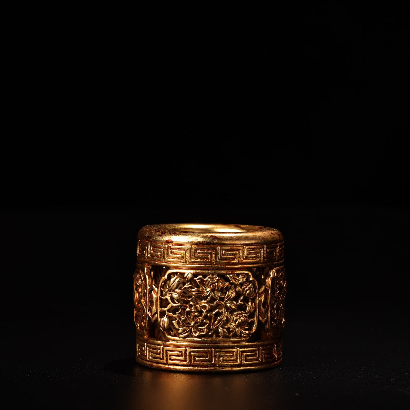 A0275 Openwork Old Chinese Gilt Gold Bronze Plum Flower & Orchid,Bamboo,Chrysanthemum Ring